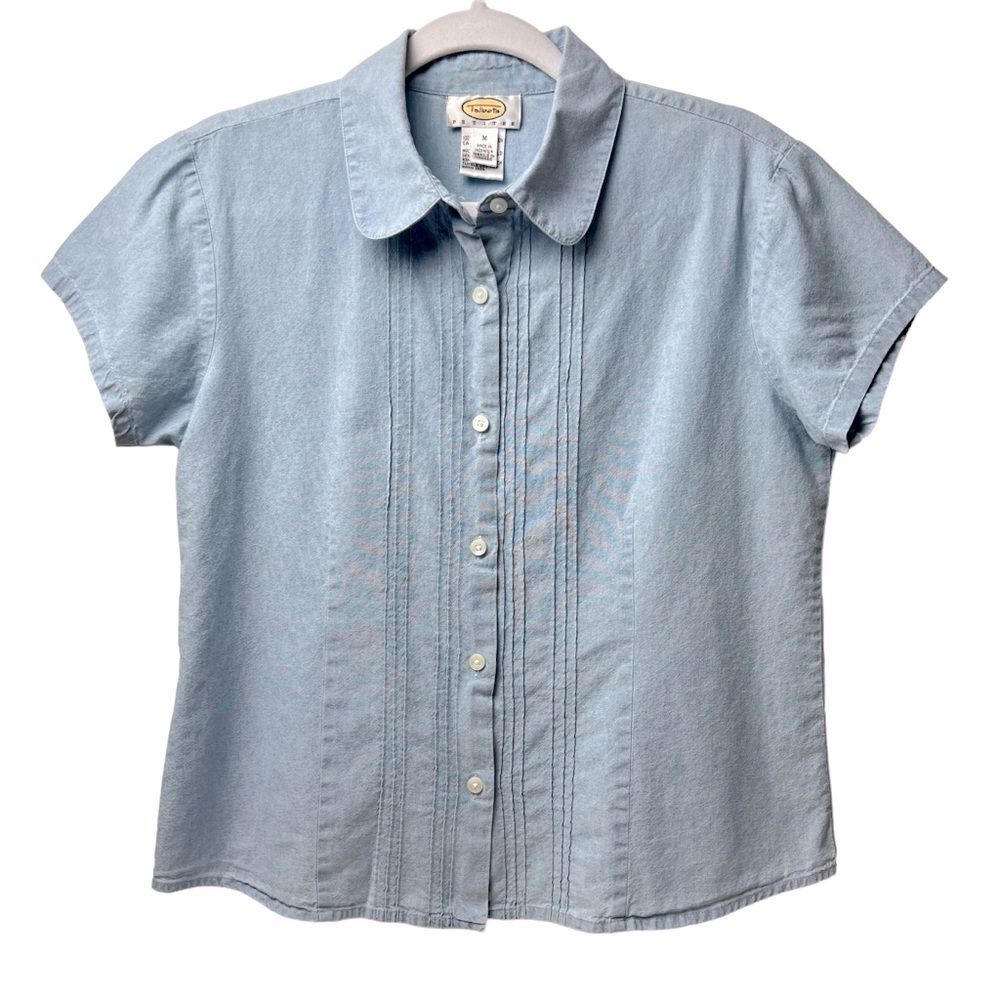 Talbots Light Blue Pintuck Short Sleeve Button-Down Shirt